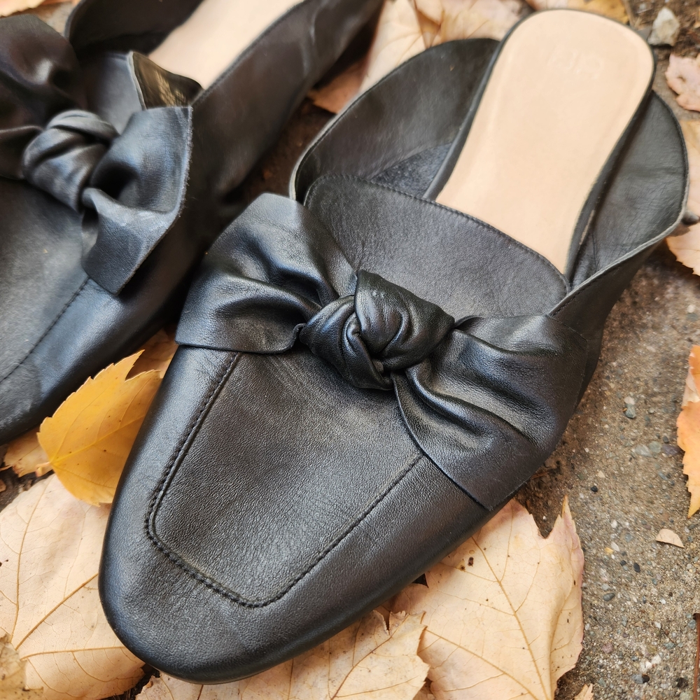 BP Black Leather Mules with Bow Accent